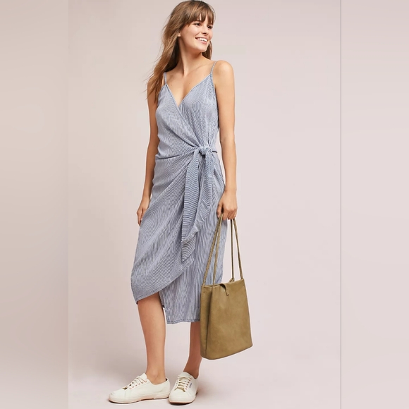 Anthropologie Dresses & Skirts - Anthropologie Faithfull The Brand Juel Wrap Dress Blue & White Striped Midi Sz 6